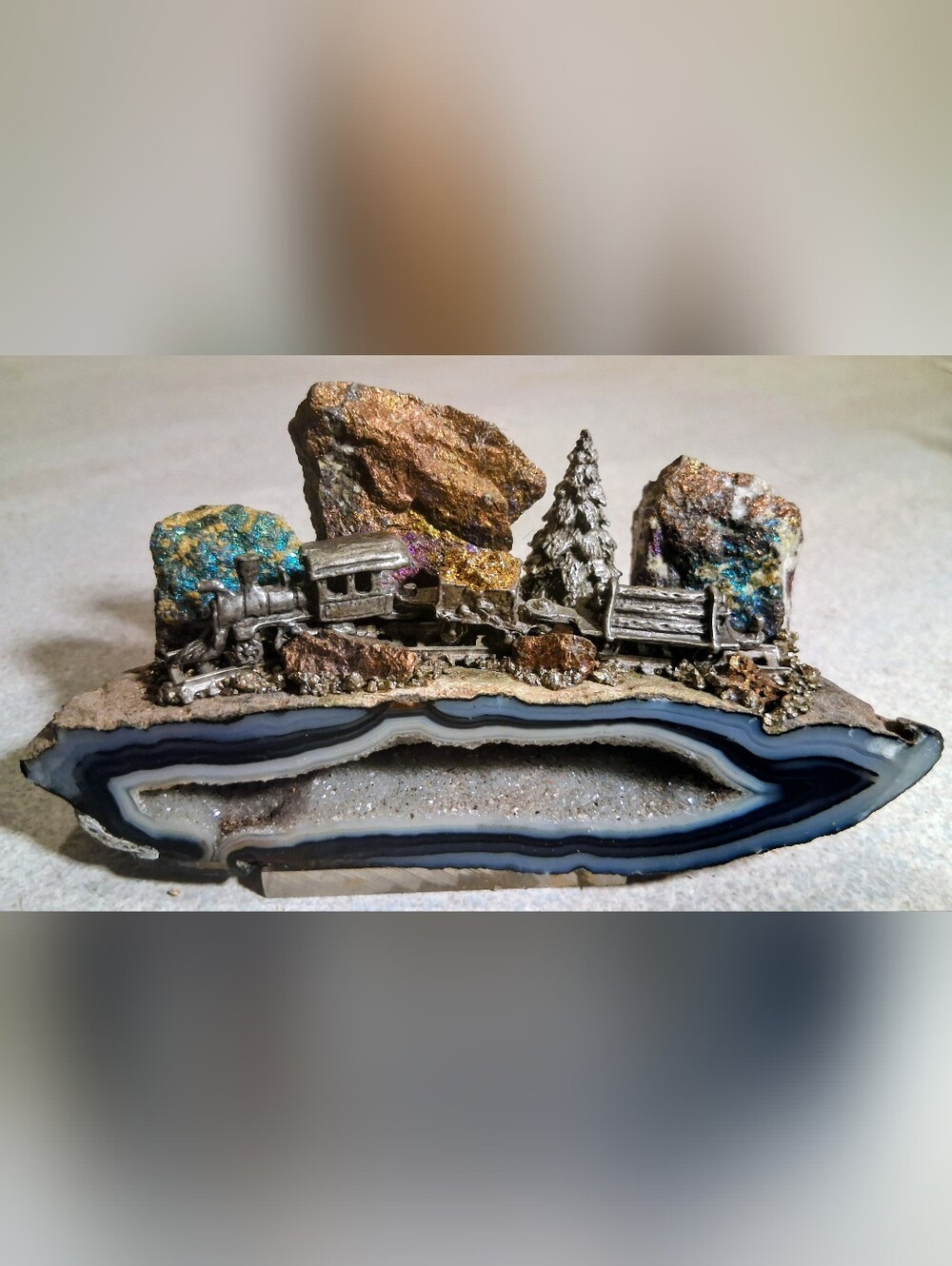 Vintage Pewter Train On Blue Agate Geode